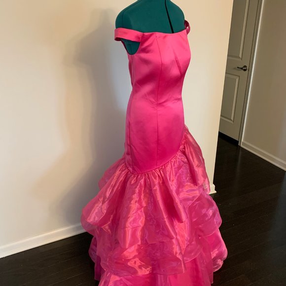 Hot Pink Trumpet Style Asymmetrical Evening Gown - Picture 3 of 4